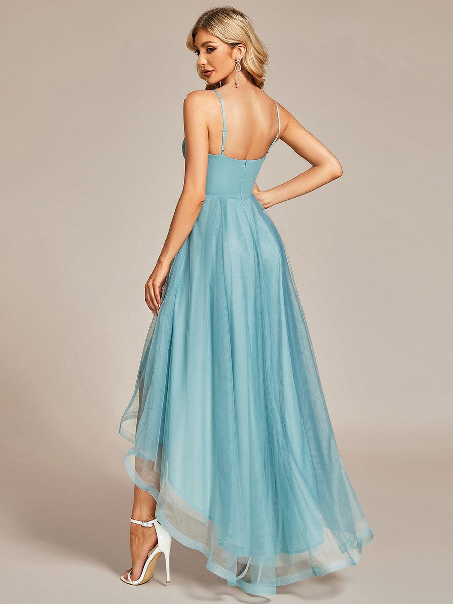 Stylish Floral Embroidered Waist High-Low Prom Dress #color_Dusty Blue