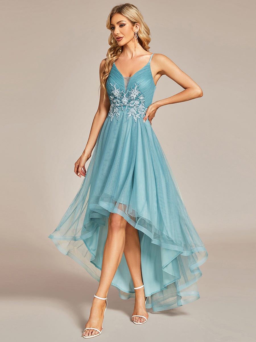 Stylish Floral Embroidered Waist High-Low Prom Dress #color_Dusty Blue