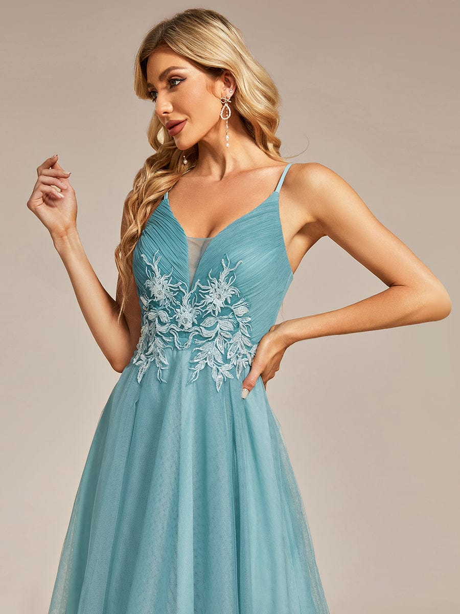 Stylish Floral Embroidered Waist High-Low Prom Dress #color_Dusty Blue