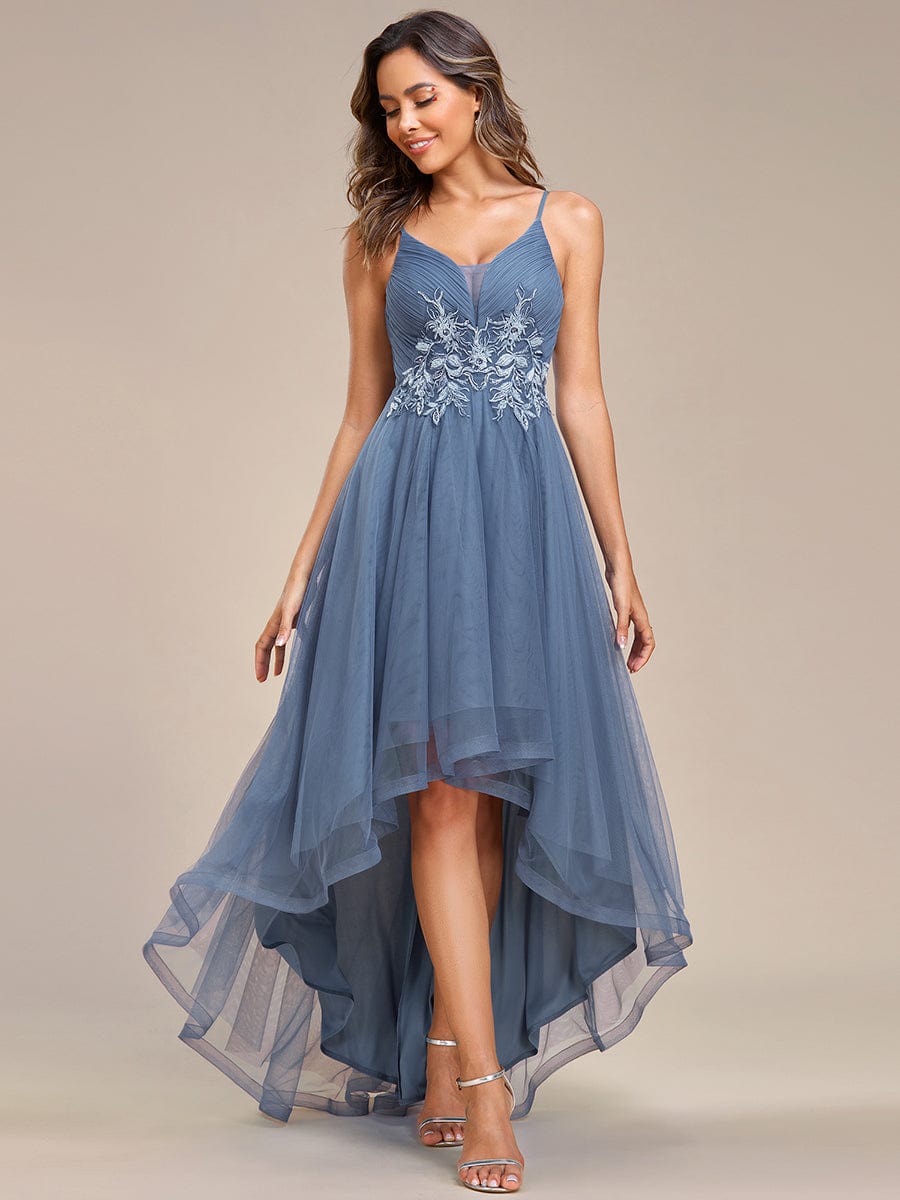 Stylish Floral Embroidered Waist High-Low Prom Dress #color_Dusty Navy