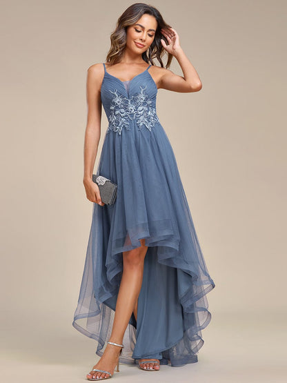 Stylish Floral Embroidered Waist High-Low Prom Dress #color_Dusty Navy