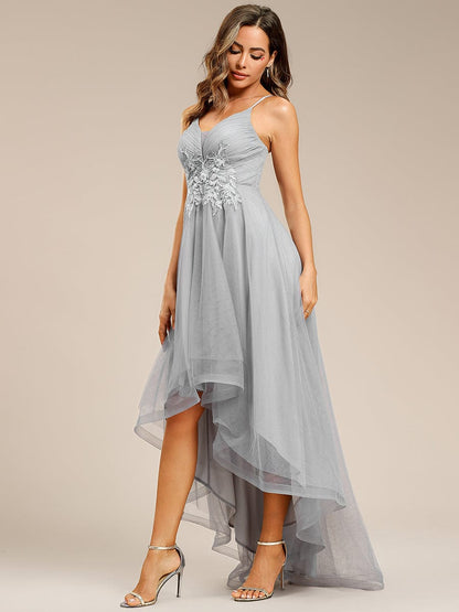 Stylish Floral Embroidered Waist High-Low Prom Dress #color_Grey