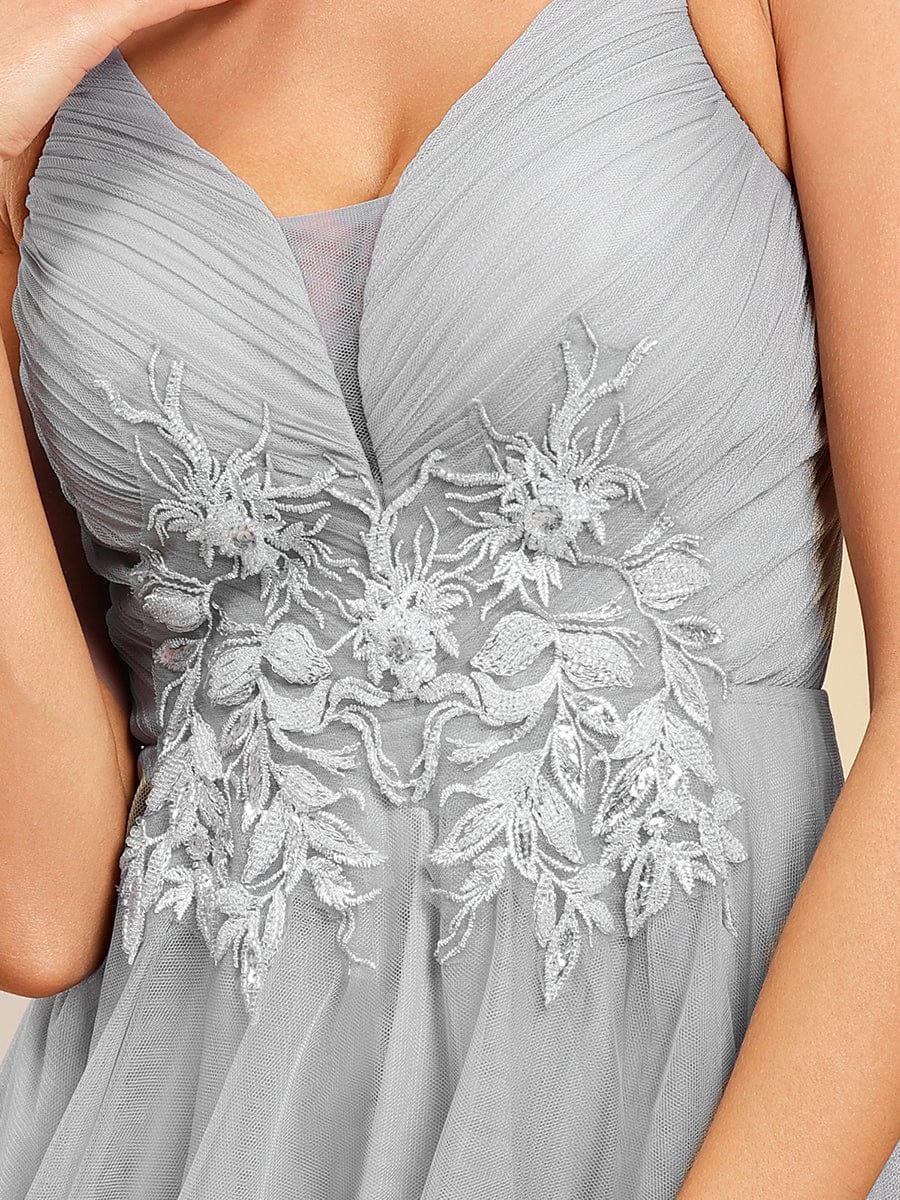 Stylish Floral Embroidered Waist High-Low Prom Dress #color_Grey