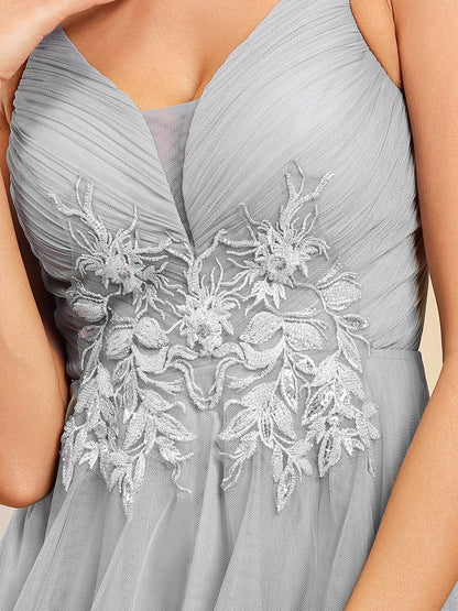 Stylish Floral Embroidered Waist High-Low Prom Dress #color_Grey