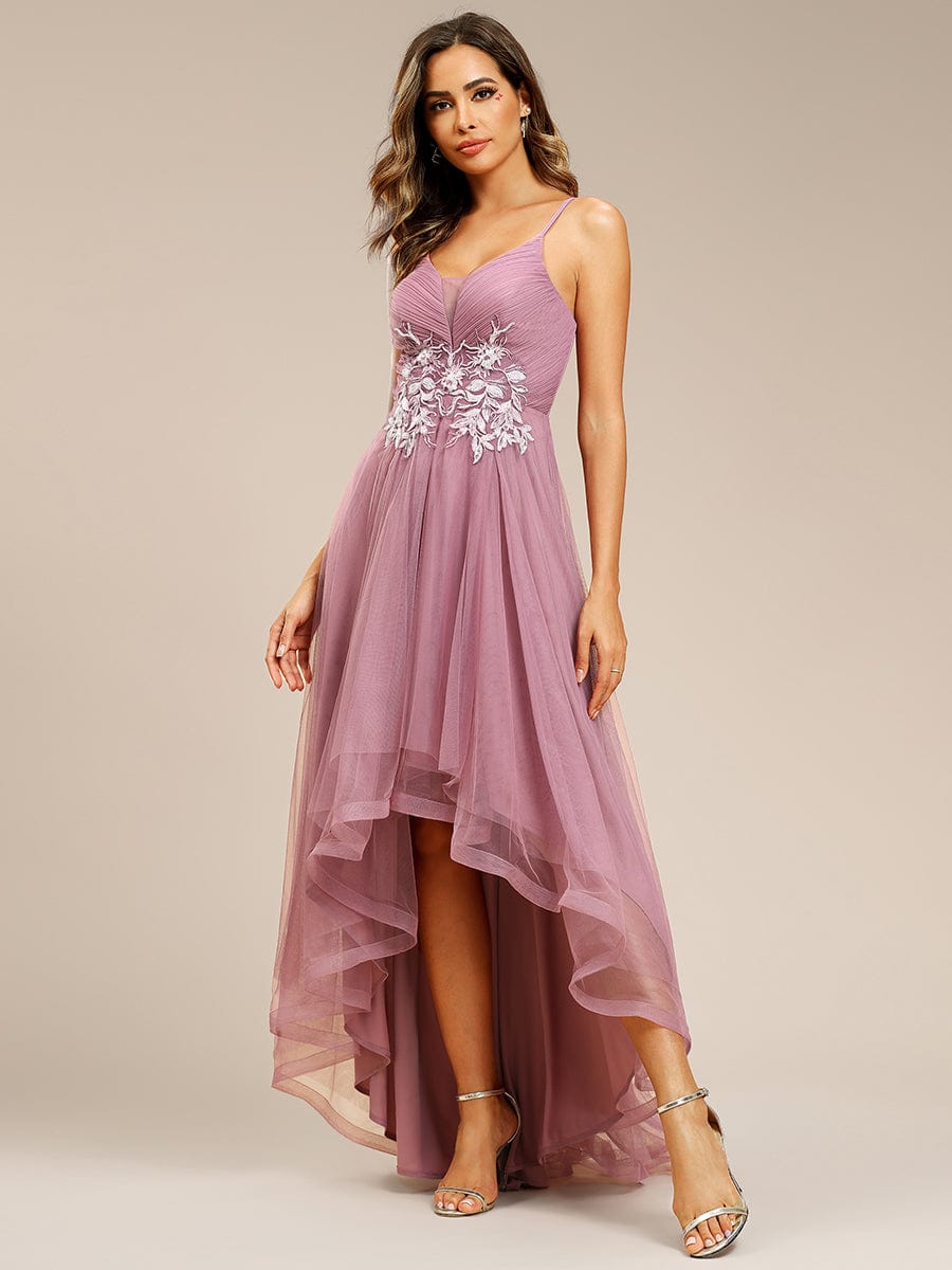 Stylish Floral Embroidered Waist High-Low Prom Dress #color_Purple Orchid