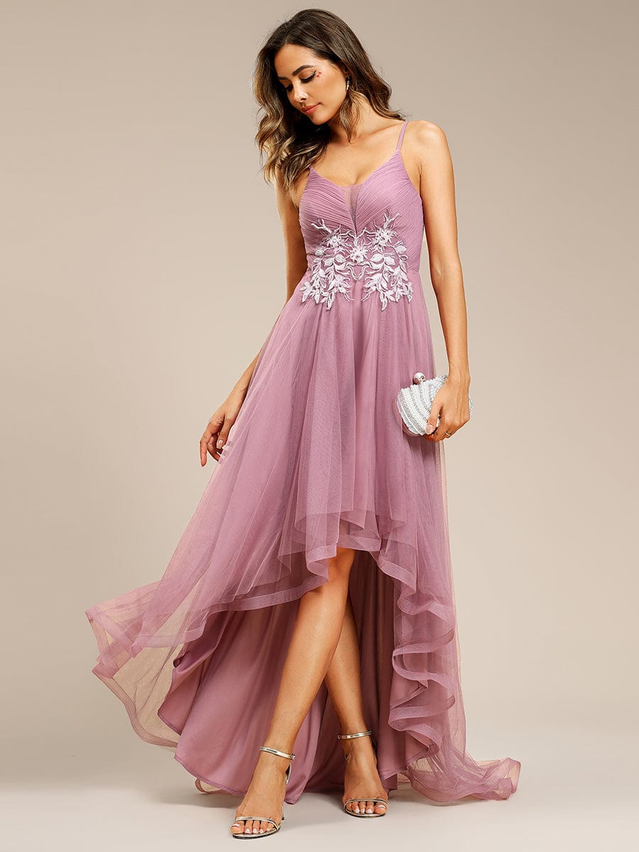 Stylish Floral Embroidered Waist High-Low Prom Dress #color_Purple Orchid