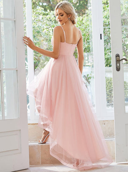 Stylish Floral Embroidered Waist High-Low Prom Dress #color_Pink