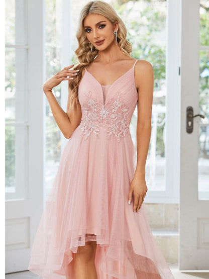 Stylish Floral Embroidered Waist High-Low Prom Dress #color_Pink