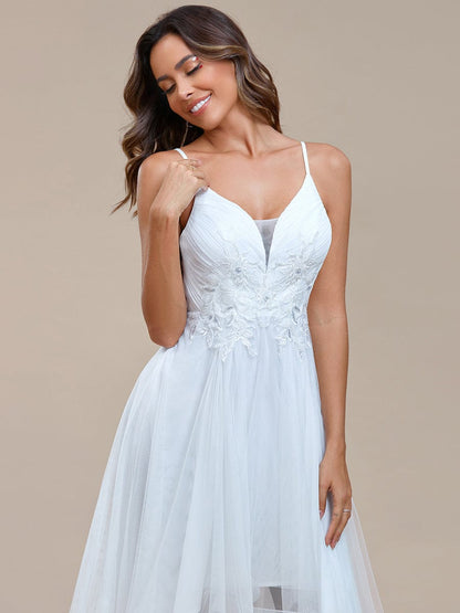 Stylish Floral Embroidered Waist High-Low Prom Dress #color_White