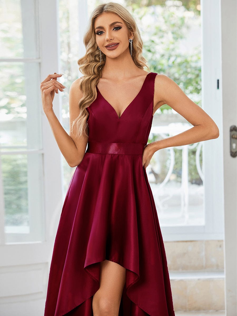 Simple Satin High-Low Sleeveless Prom Dress #Color_Burgundy