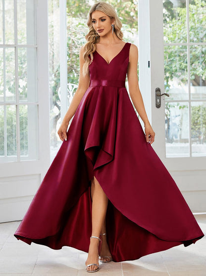 Simple Satin High-Low Sleeveless Prom Dress #Color_Burgundy