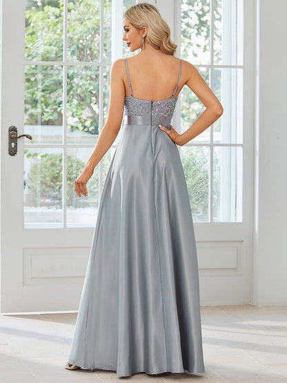 Spaghetti Strap Sequin Bodice A-Line Satin Prom Dress #color_Grey