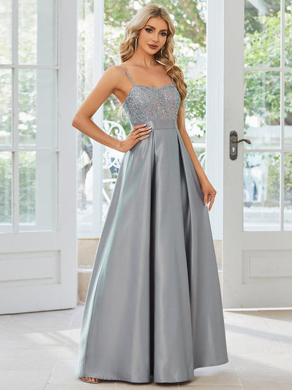 Spaghetti Strap Sequin Bodice A-Line Satin Prom Dress #color_Grey