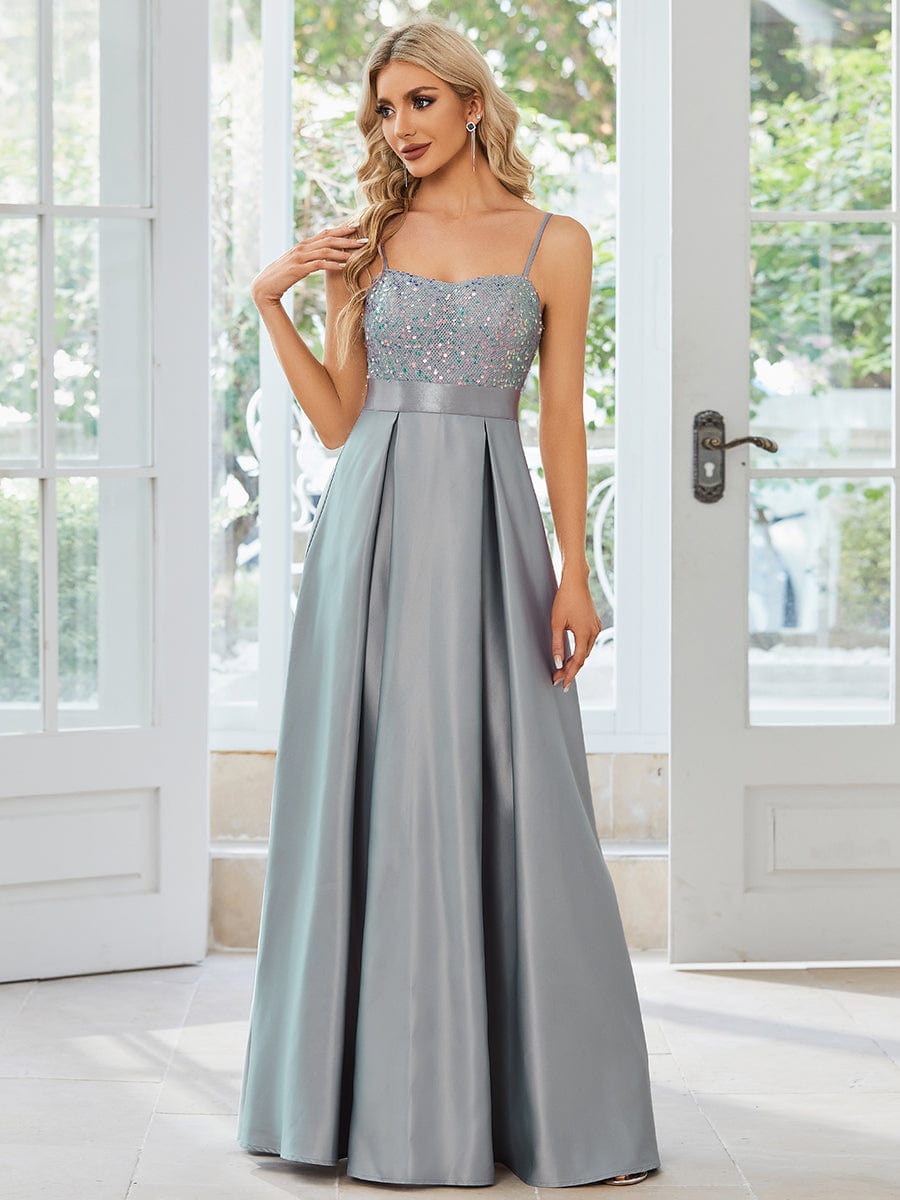 Spaghetti Strap Sequin Bodice A-Line Satin Prom Dress #color_Grey