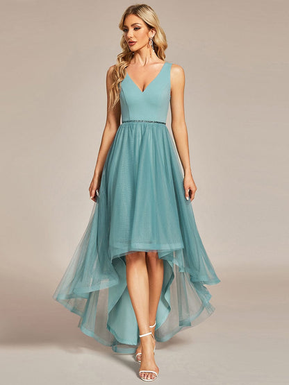 Sleeveless Tulle High Low Prom Dress with Waist Chain #color_Dusty Blue