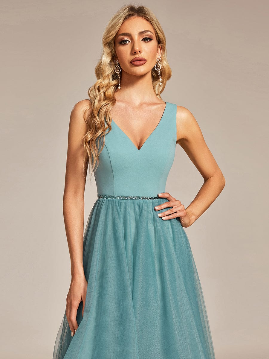 Sleeveless Tulle High Low Prom Dress with Waist Chain #color_Dusty Blue