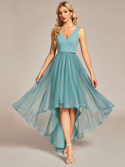 Sleeveless Tulle High Low Prom Dress with Waist Chain #color_Dusty Blue