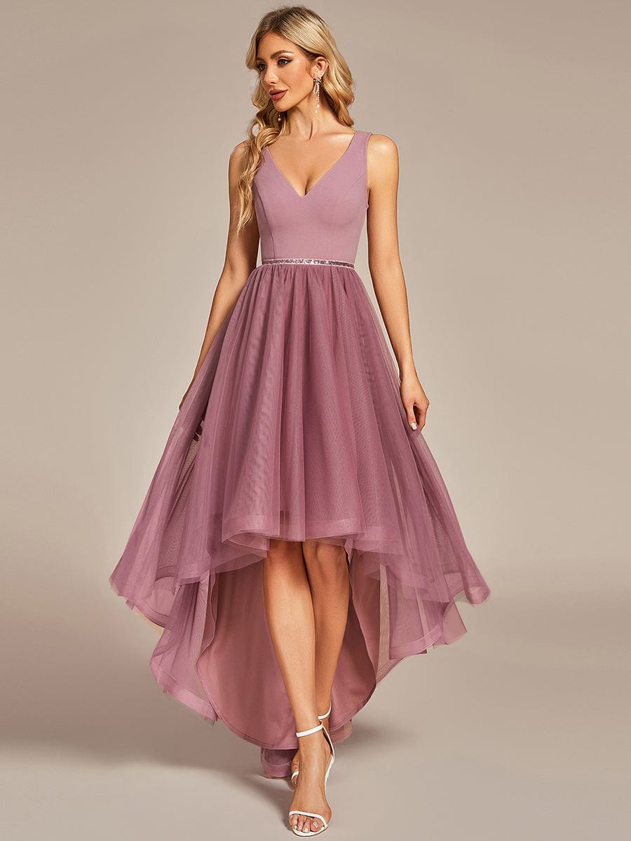 Sleeveless Tulle High Low Prom Dress with Waist Chain #color_Purple Orchid