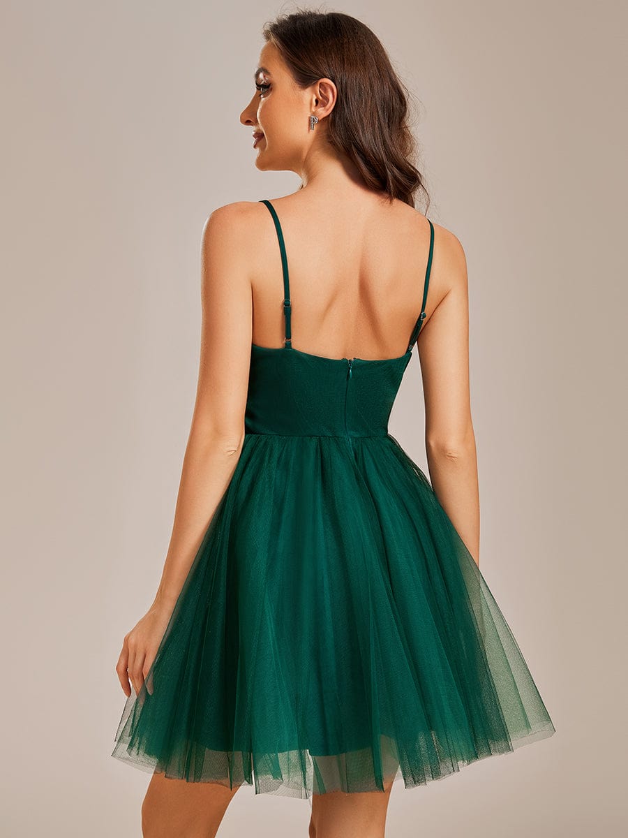 Dreamy Spaghetti Strap Tulle Short Pleated Homecoming Dress #color_Dark Green