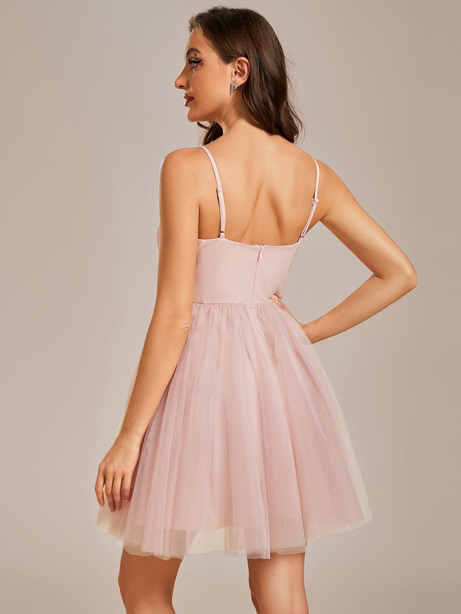 Dreamy Spaghetti Strap Tulle Short Pleated Homecoming Dress #color_Pink