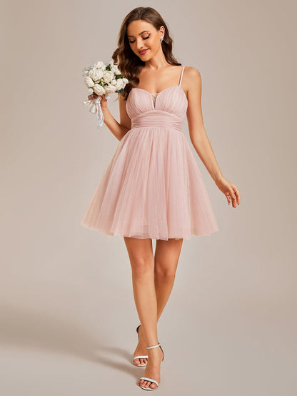 Dreamy Spaghetti Strap Tulle Short Pleated Homecoming Dress #color_Pink