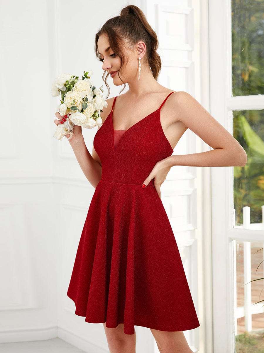 Custom Size  Shiny Deep V Neck Knee Length Prom Dress #color_Red