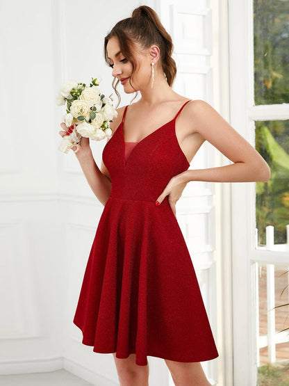 Custom Size  Shiny Deep V Neck Knee Length Prom Dress #color_Red