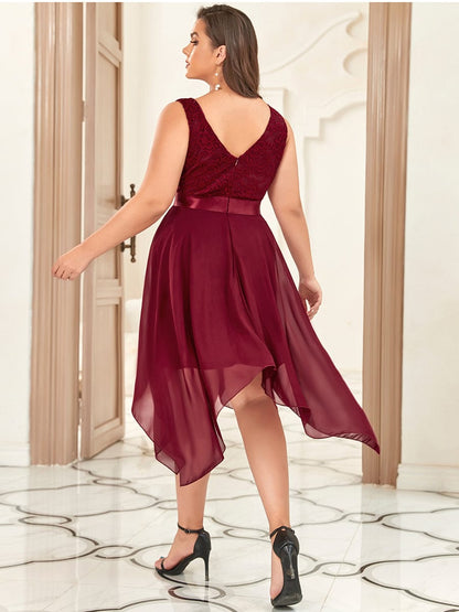 Deep V-Neck Lace Chiffon Bridesmaid Dress with Asymmetrical Hem #color_Burgundy