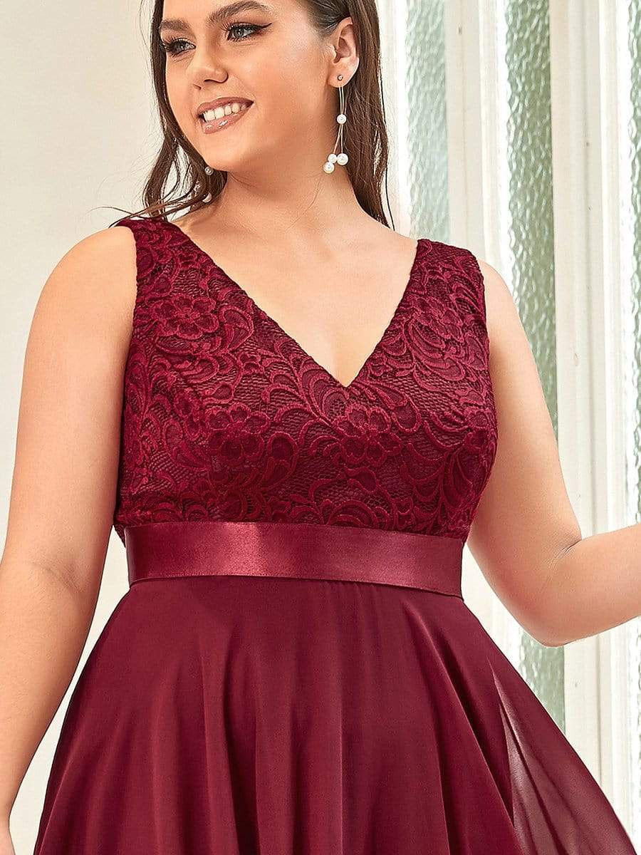 Stunning V Neck Lace Asymmetrical Hems Dress for Women #color_Burgundy