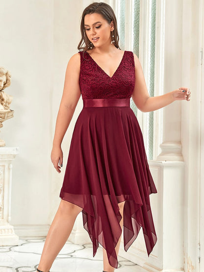 Deep V-Neck Lace Chiffon Bridesmaid Dress with Asymmetrical Hem #color_Burgundy