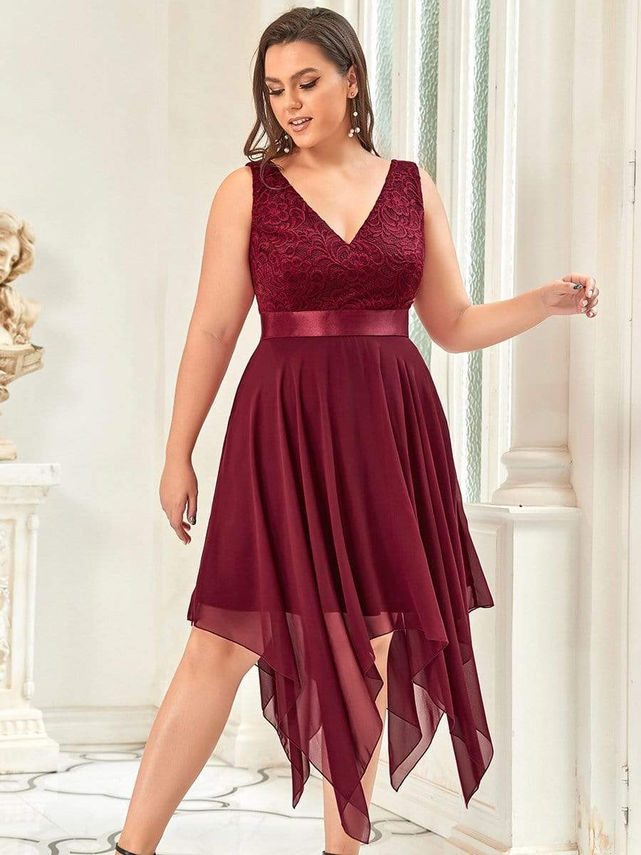 Stunning V Neck Lace Asymmetrical Hems Dress for Women #color_Burgundy