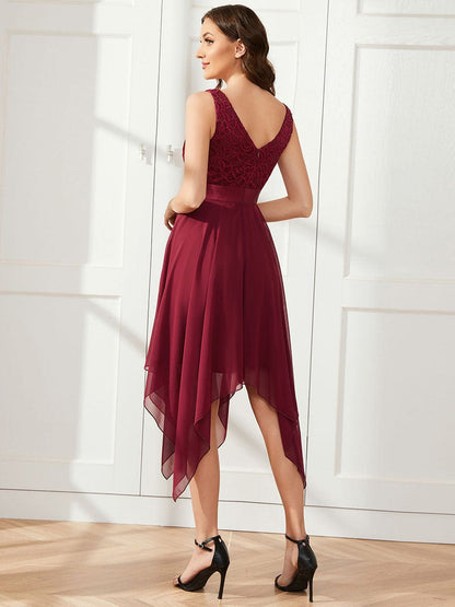 Stunning V Neck Lace Asymmetrical Hems Dress for Women #color_Burgundy