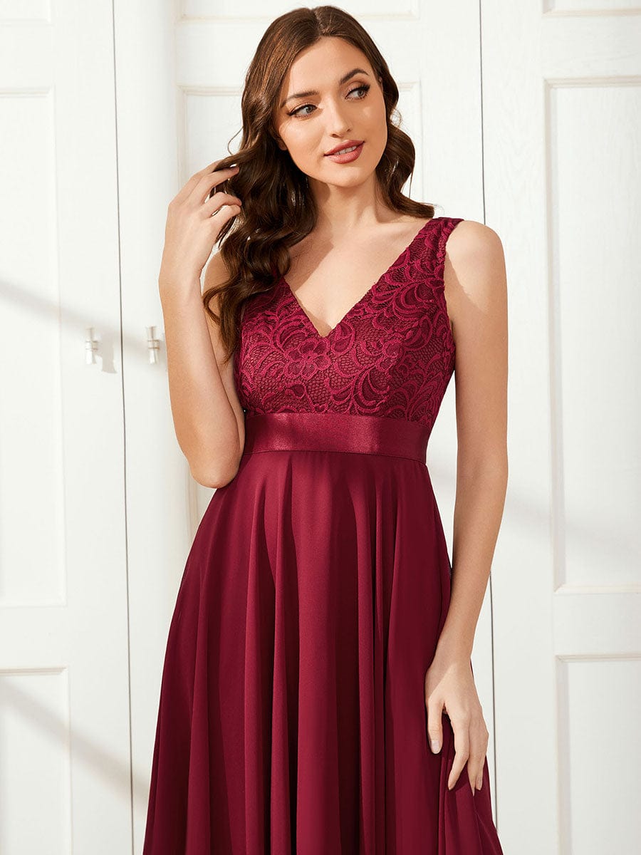 Stunning V Neck Lace Asymmetrical Hems Dress for Women #color_Burgundy