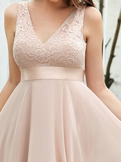 Deep V-Neck Lace Chiffon Bridesmaid Dress with Asymmetrical Hem #color_Blush