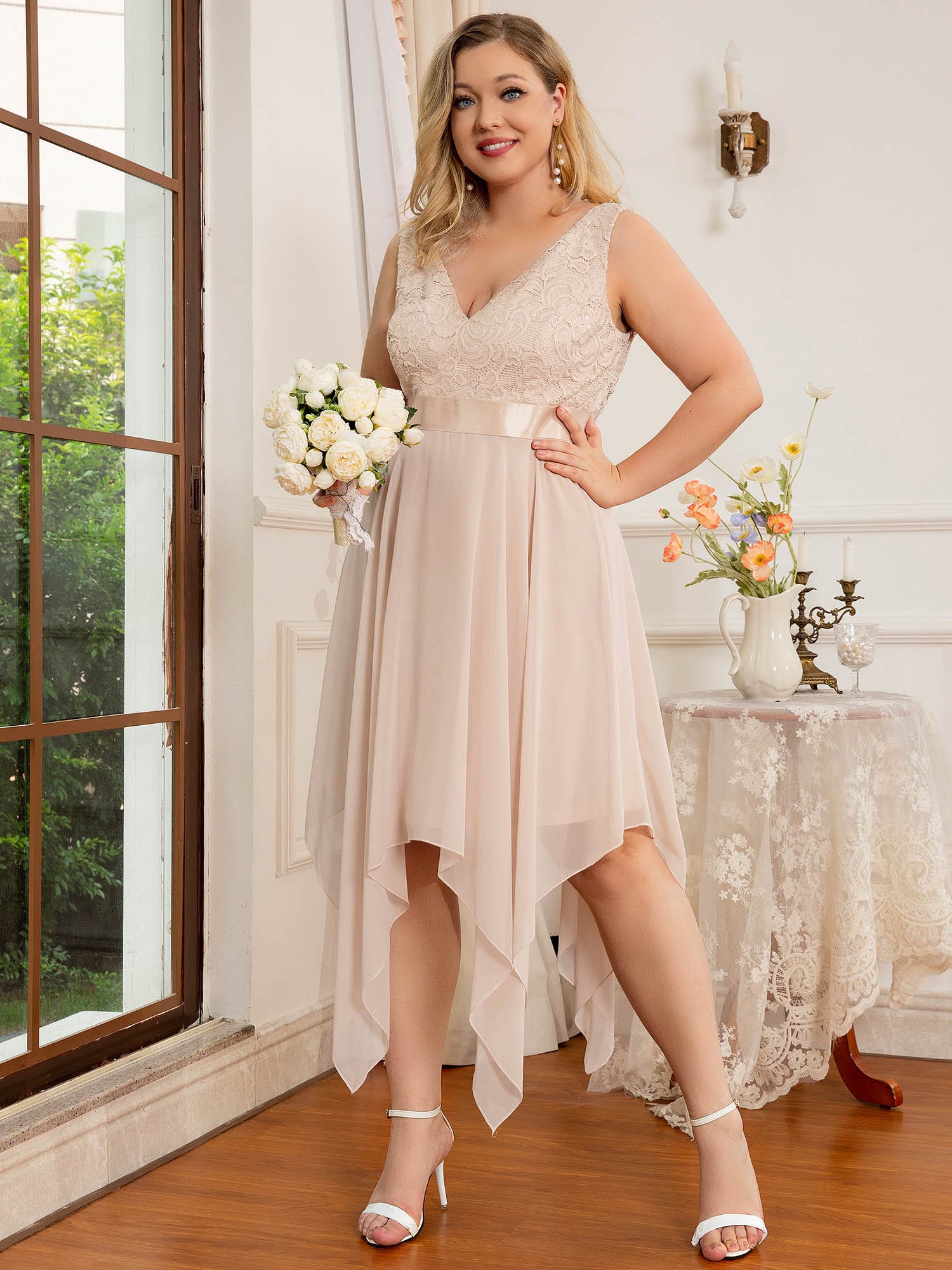 Deep V-Neck Lace Chiffon Bridesmaid Dress with Asymmetrical Hem #color_Blush