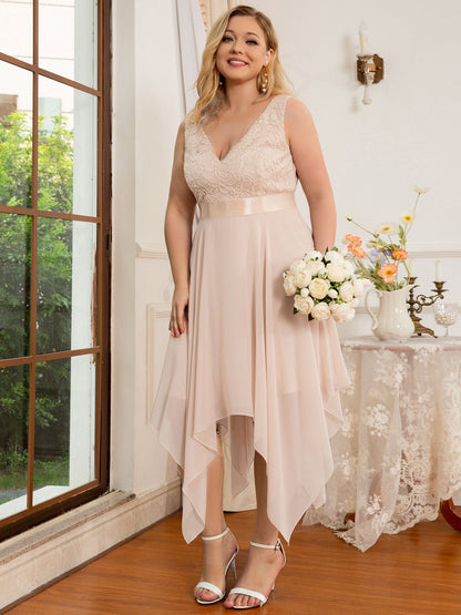 Deep V-Neck Lace Chiffon Bridesmaid Dress with Asymmetrical Hem #color_Blush