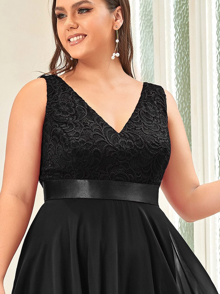 Stunning V Neck Lace & Chiffon Prom Dress for Women #color_Black