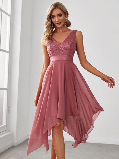 Stunning V Neck Lace & Chiffon Prom Dress for Women #color_Cameo Brown