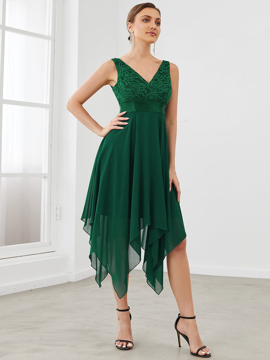 Deep V-Neck Lace Chiffon Bridesmaid Dress with Asymmetrical Hem #color_Dark Green