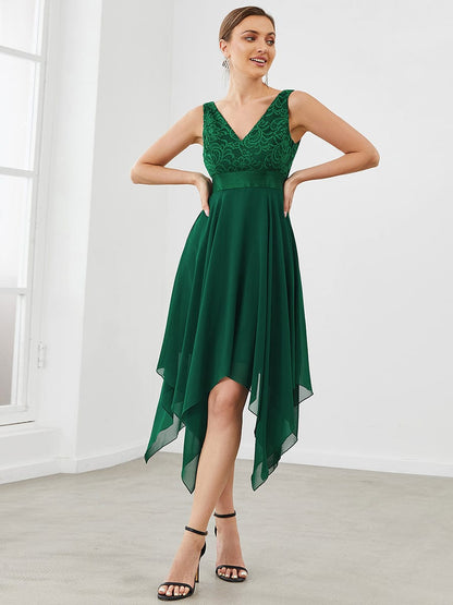 Deep V-Neck Lace Chiffon Bridesmaid Dress with Asymmetrical Hem #color_Dark Green