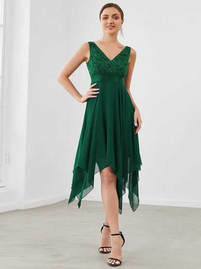 Deep V-Neck Lace Chiffon Bridesmaid Dress with Asymmetrical Hem #color_Dark Green