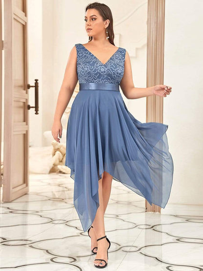 Plus Size Stunning V Neck Lace & Chiffon Prom Dress for Women #color_Dusty Navy