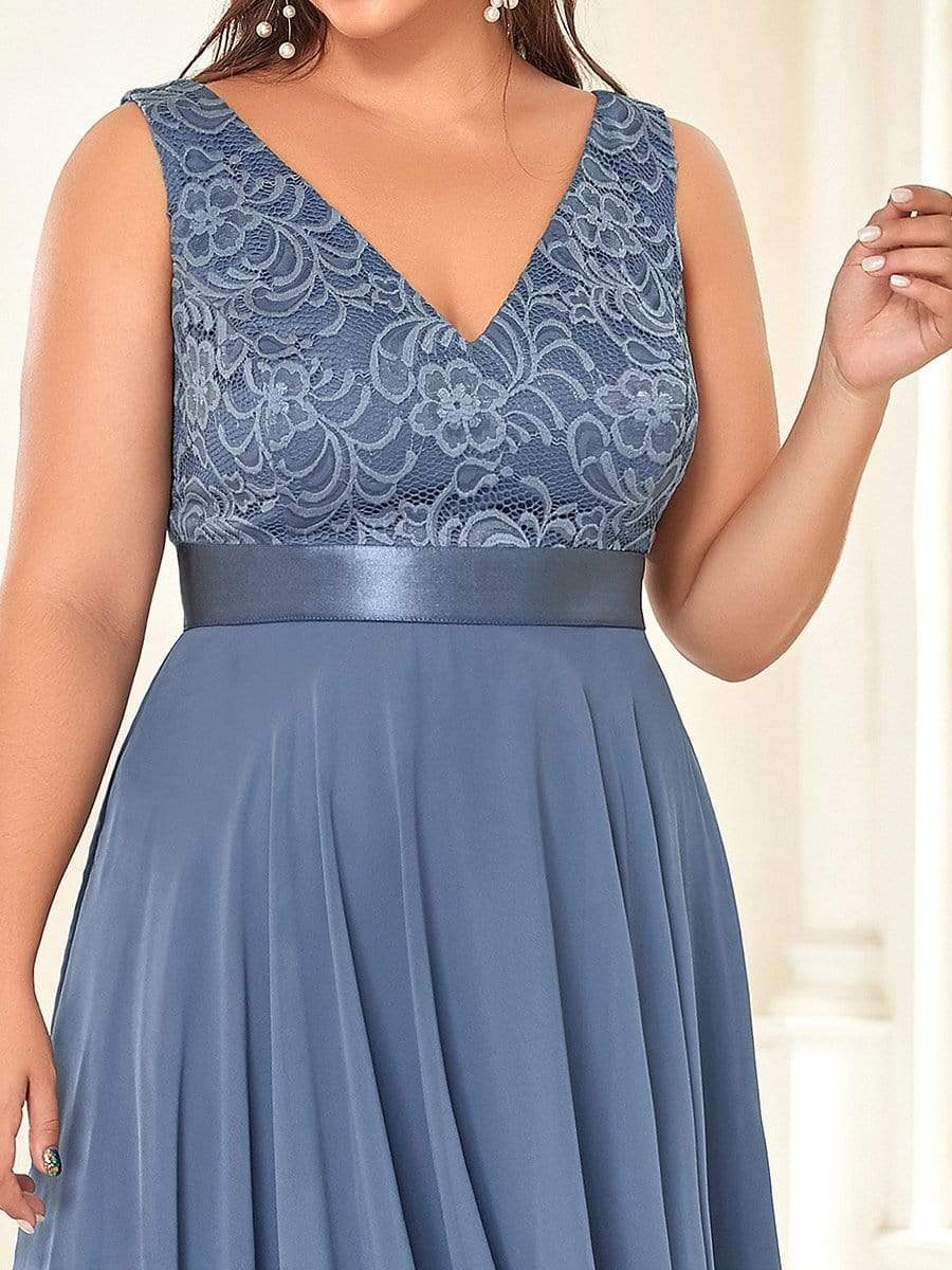 Plus Size Stunning V Neck Lace & Chiffon Prom Dress for Women #color_Dusty Navy