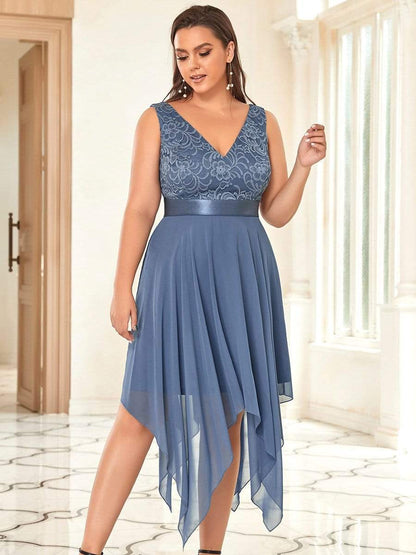 Stunning V Neck Lace Asymmetrical Hems Dress for Women #color_Dusty Navy