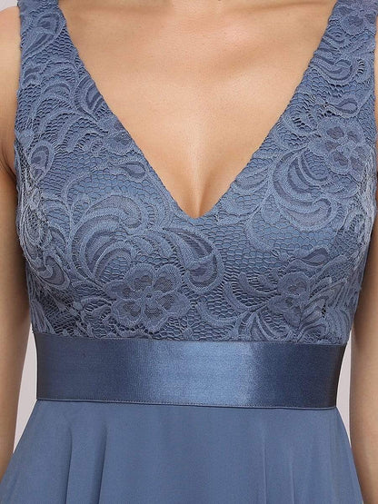 Stunning V Neck Lace Asymmetrical Hems Dress for Women #color_Dusty Navy