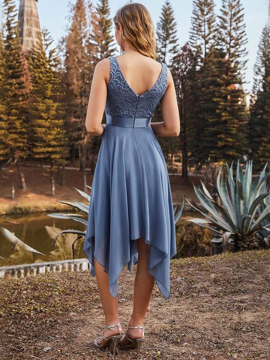 Stunning V Neck Lace Asymmetrical Hems Dress for Women #color_Dusty Navy