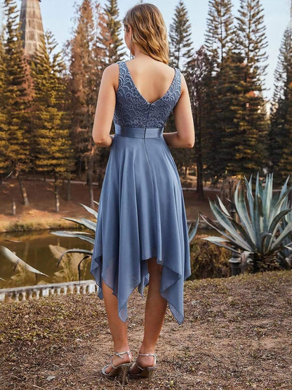 Stunning V Neck Lace Asymmetrical Hems Dress for Women #color_Dusty Navy