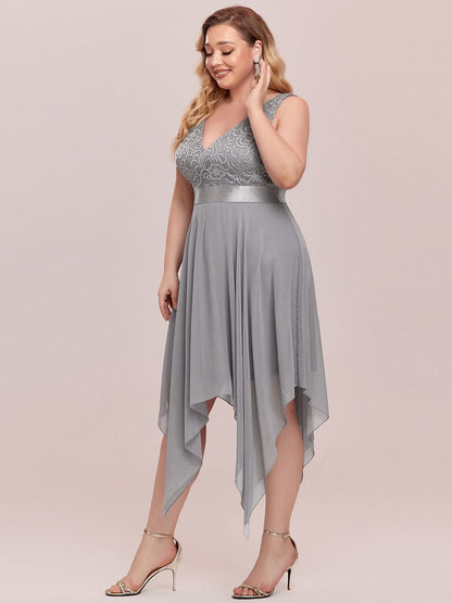 Stunning V Neck Lace & Chiffon Prom Dress for Women #color_Grey