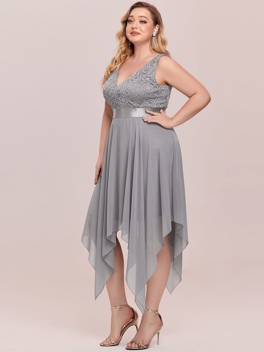 Stunning V Neck Lace & Chiffon Prom Dress for Women #color_Grey