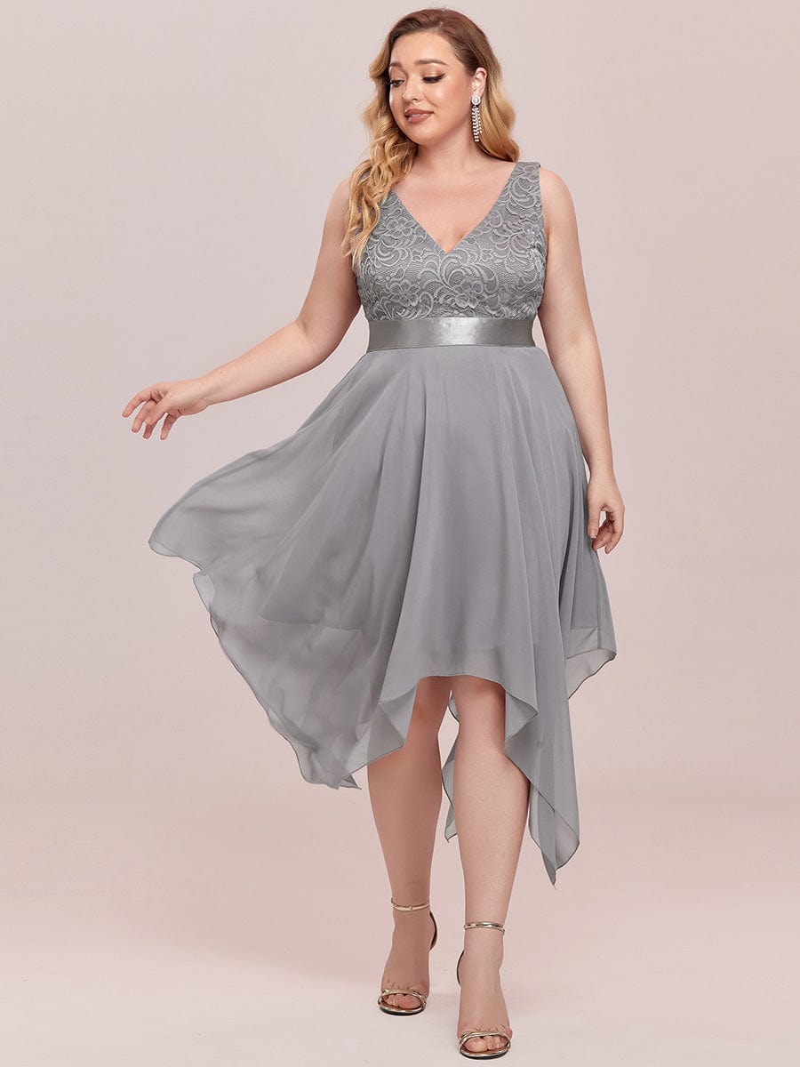 Stunning V Neck Lace & Chiffon Prom Dress for Women #color_Grey